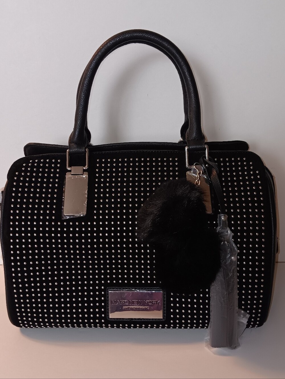 Marc New York Black Silver Studded Satchel  Bag with Pom Pom Charm & Tassel NEW